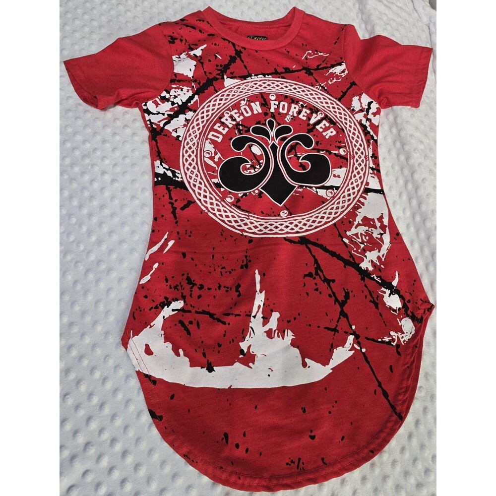 Vintage Y2K Dereon T Shirt Dress Tunic S/M Bold Red Black Design Emblem See Meas